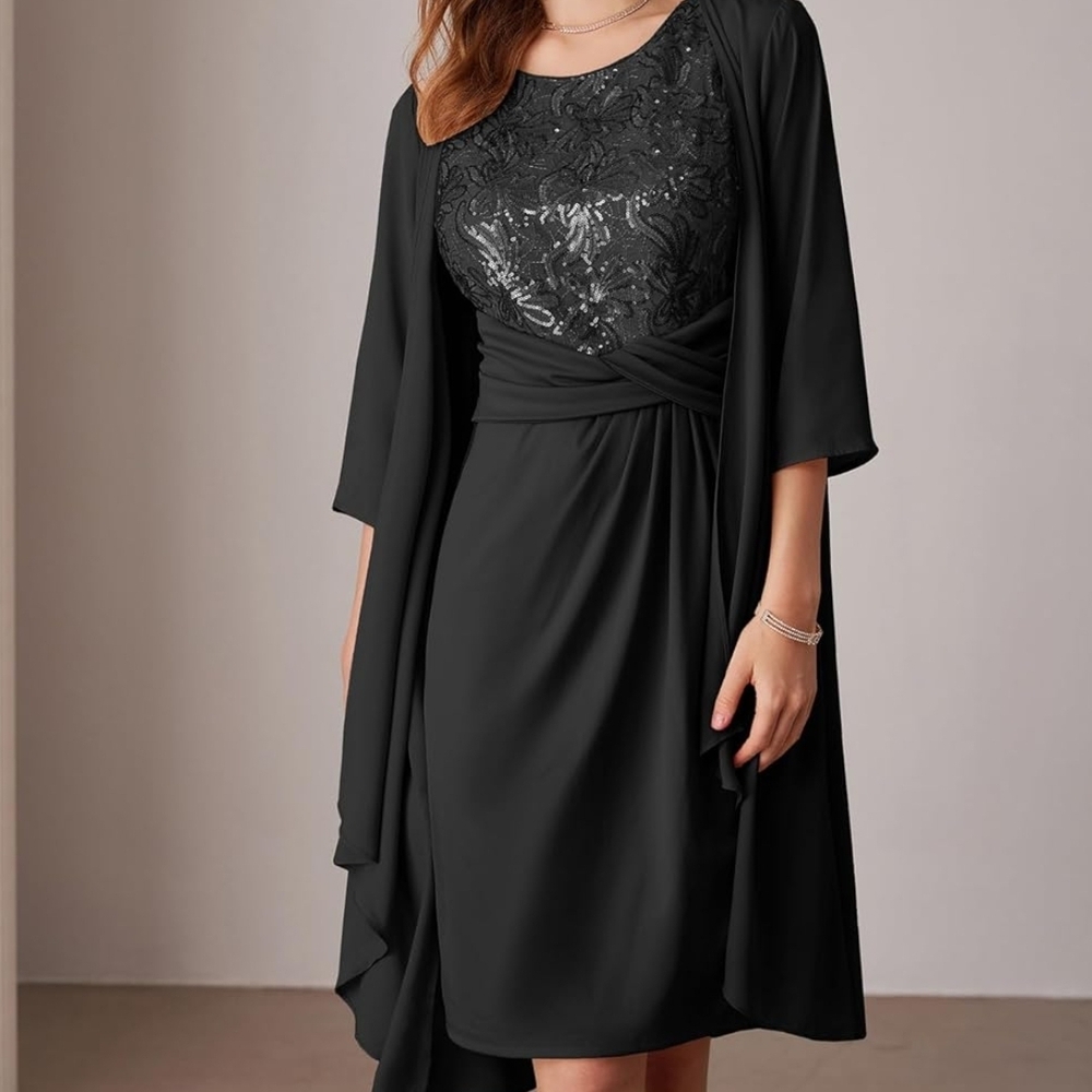Grace Karin Black Midi Dress with Lace Overlay